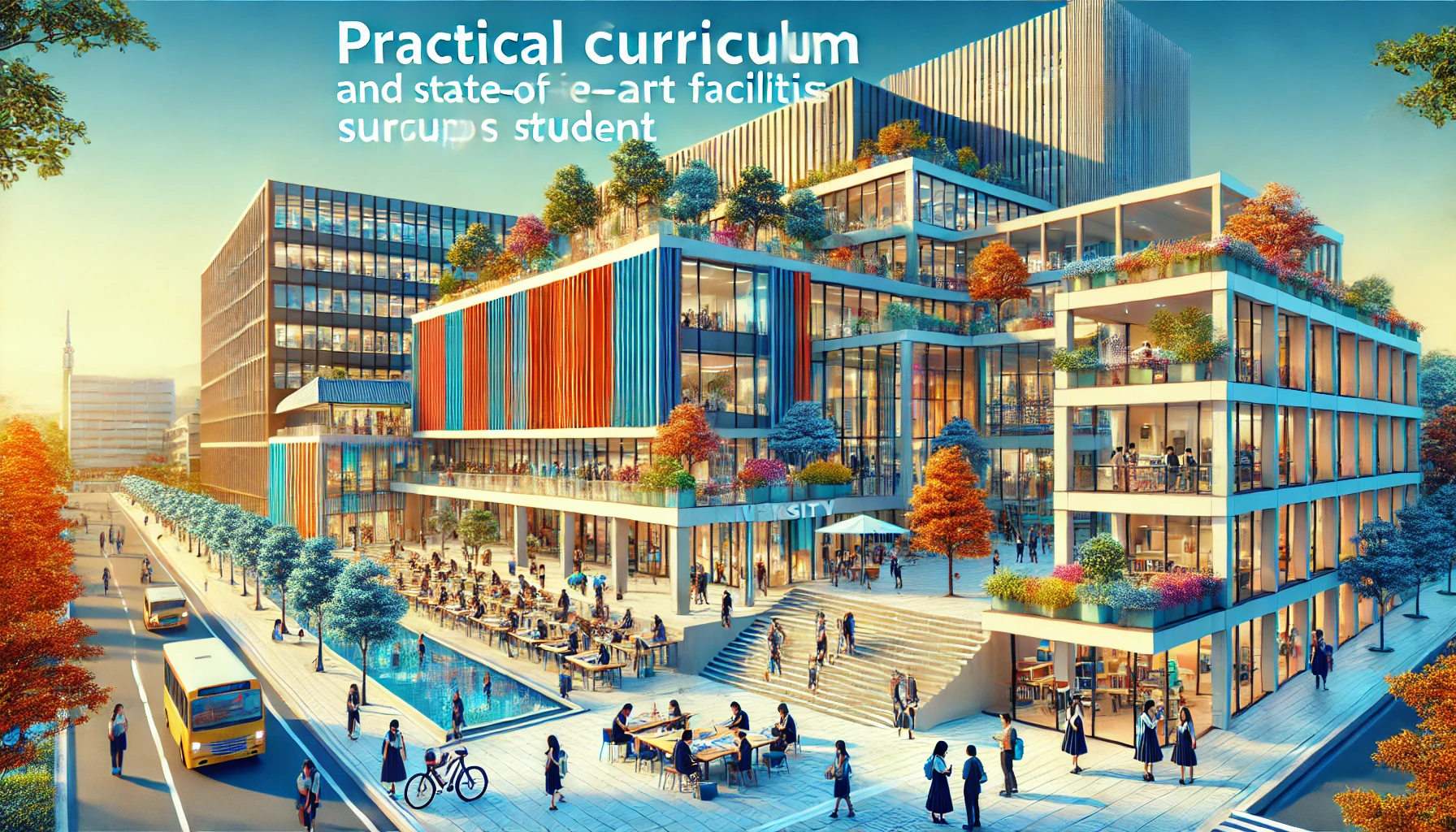 A vibrant scene of a modern university campus in Kansai, Japan, showcasing practical curriculum and state-of-the-art facilities supporting student growth. The campus has contemporary buildings, students studying together outdoors, and a dynamic learning environment. The image reflects a welcoming and educational atmosphere in a Japanese university.