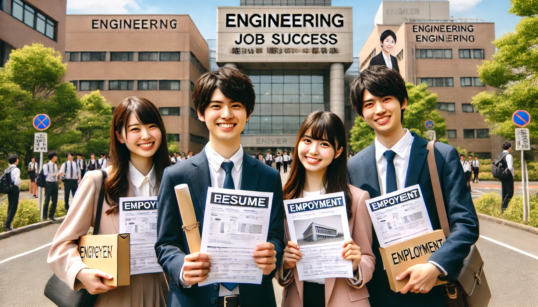 A Japanese university scene focused on engineering education, showcasing high employment success. Japanese students, both male and female, are celebrating their job offers, holding resumes or diplomas in front of the university campus. The students appear happy and relieved, with a background showing the university building or employment notice board, symbolizing strong job placement in engineering fields. Emphasis on an optimistic atmosphere of career readiness and achievement.