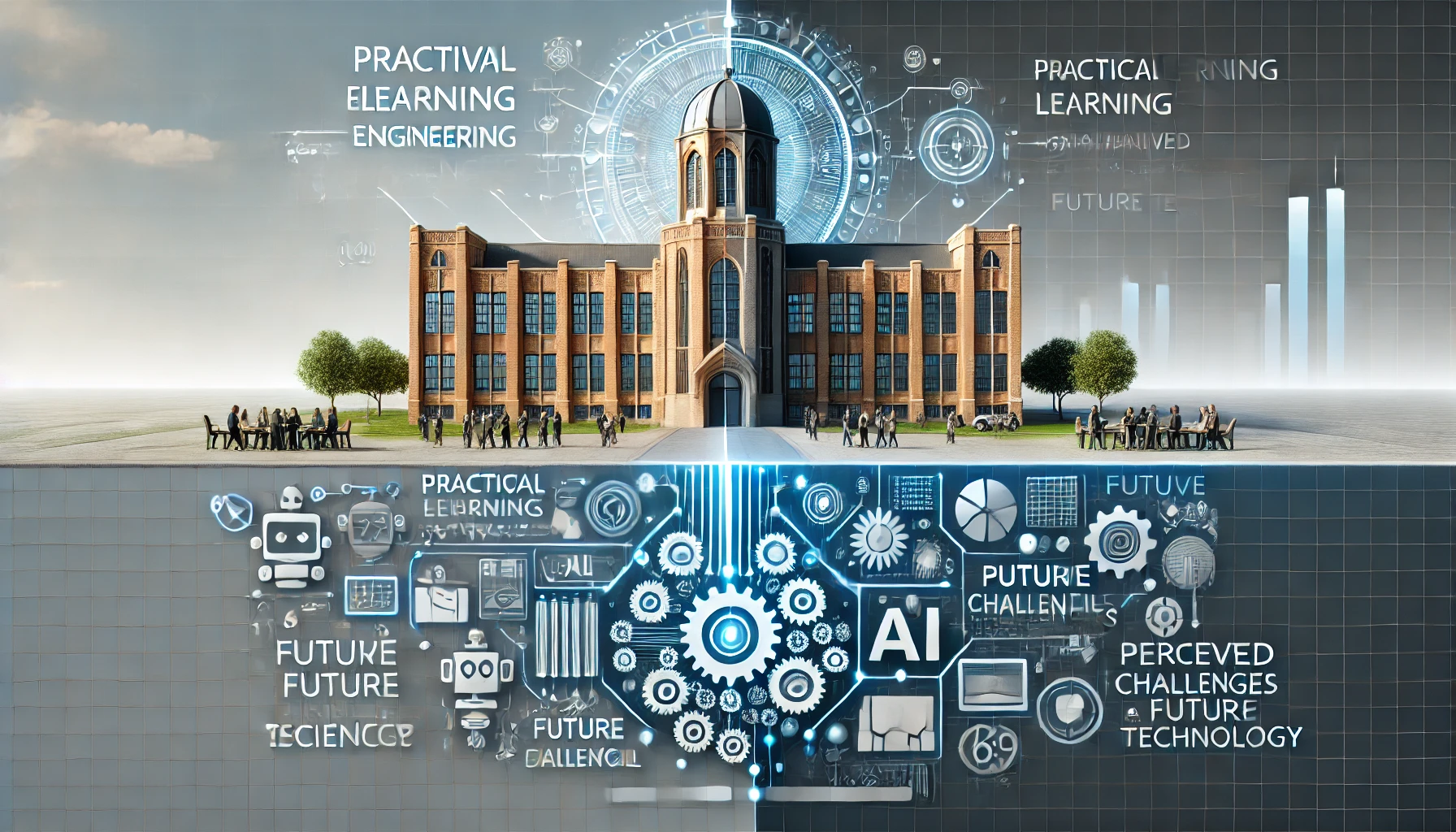 A university with strengths in engineering and information sciences, showing a dual-sided evaluation of its practical learning focus in advanced fields like robotics, AI, and digital technology. One side represents positive evaluations (innovation, future potential), while the other side reflects negative biases (perceived challenges, misconceptions), with a balanced representation, in a 16:9 aspect ratio.