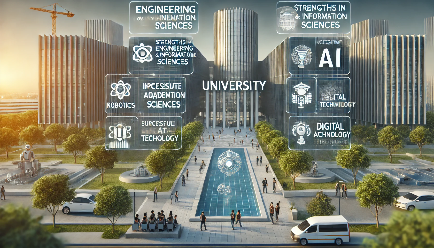 A university with strengths in engineering and information sciences, highlighting impressive academic achievements and advancement in fields like robotics, AI, and digital technology. Modern campus with banners showing successful university placement records and students celebrating achievements in a 16:9 aspect ratio.