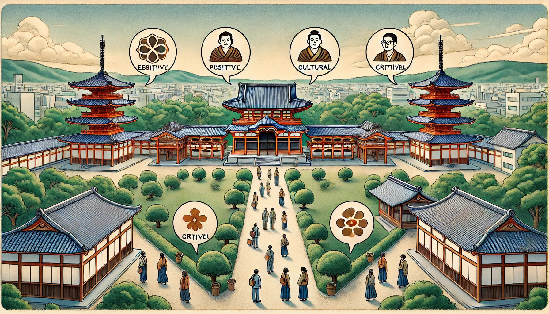 A depiction of a private Buddhist university established in the 1600s in Kyoto, showing contrasting evaluations: some students viewing it positively for cultural richness and others critical, with speech bubbles or signs symbolizing opposing opinions. Set within a serene campus with traditional Japanese architecture and greenery. Horizontal orientation (16:9).