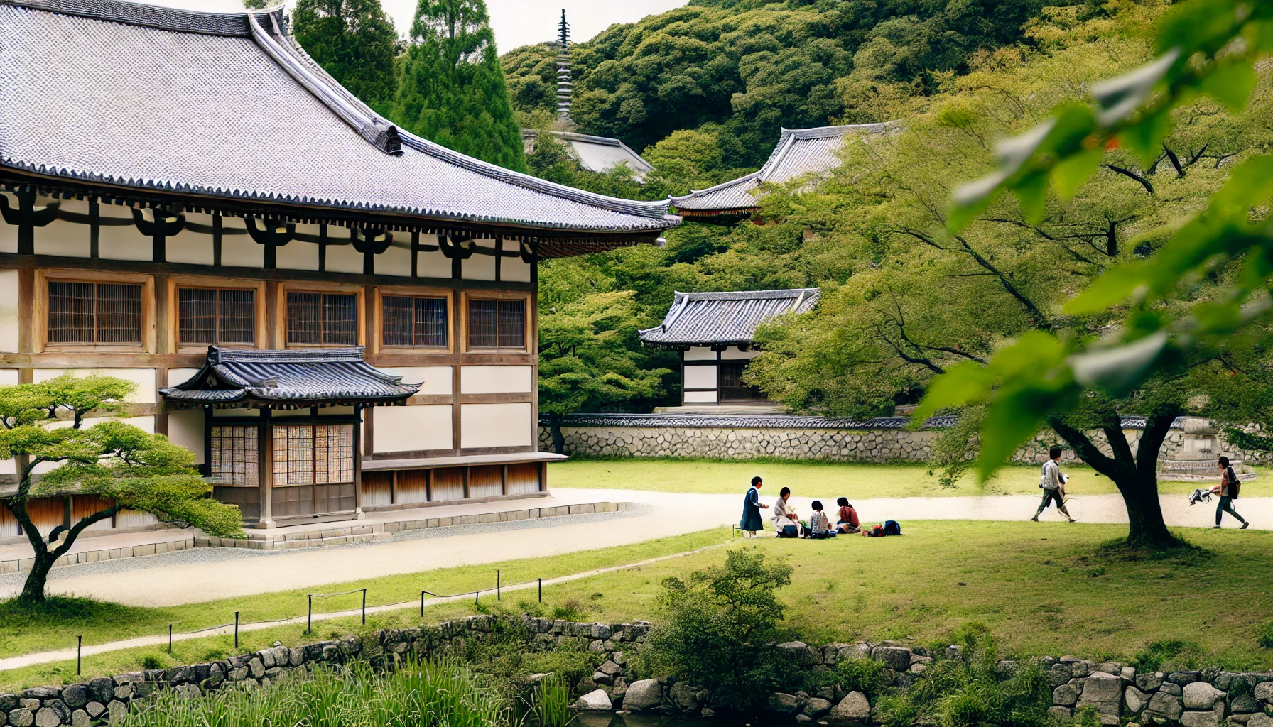 A serene image of a private Buddhist university established in the 1600s, set in the heart of Kyoto, surrounded by lush nature and cultural heritage sites. Japanese students engaged in peaceful activities on campus, surrounded by historic buildings and greenery, capturing the essence of traditional Kyoto culture and natural beauty. Horizontal orientation (16:9).