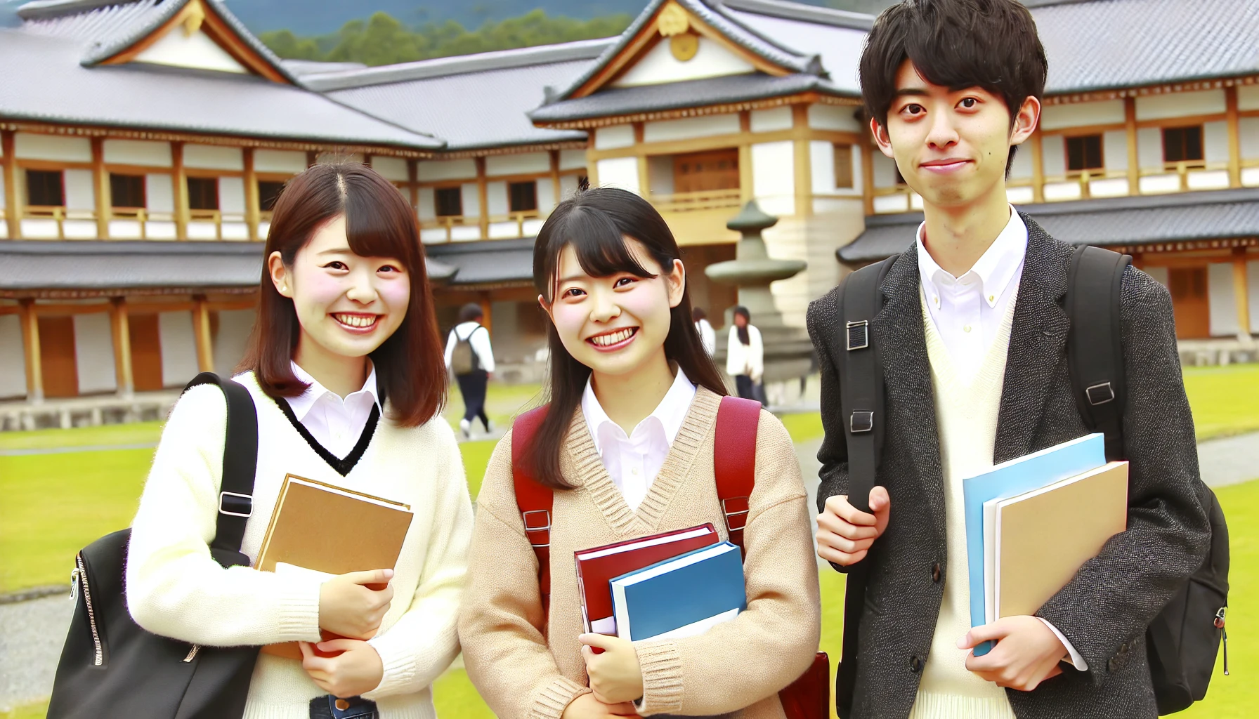 A private university in Kyoto with bright and outstanding students on campus. The students appear cheerful and academically focused, surrounded by Kyoto’s rich cultural environment and serene natural landscapes.