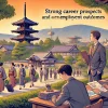 A private university in Kyoto, emphasizing strong career prospects and employment outcomes. The image depicts students preparing for their professional futures, supported by career services on a peaceful campus set in Kyoto’s cultural and natural backdrop.