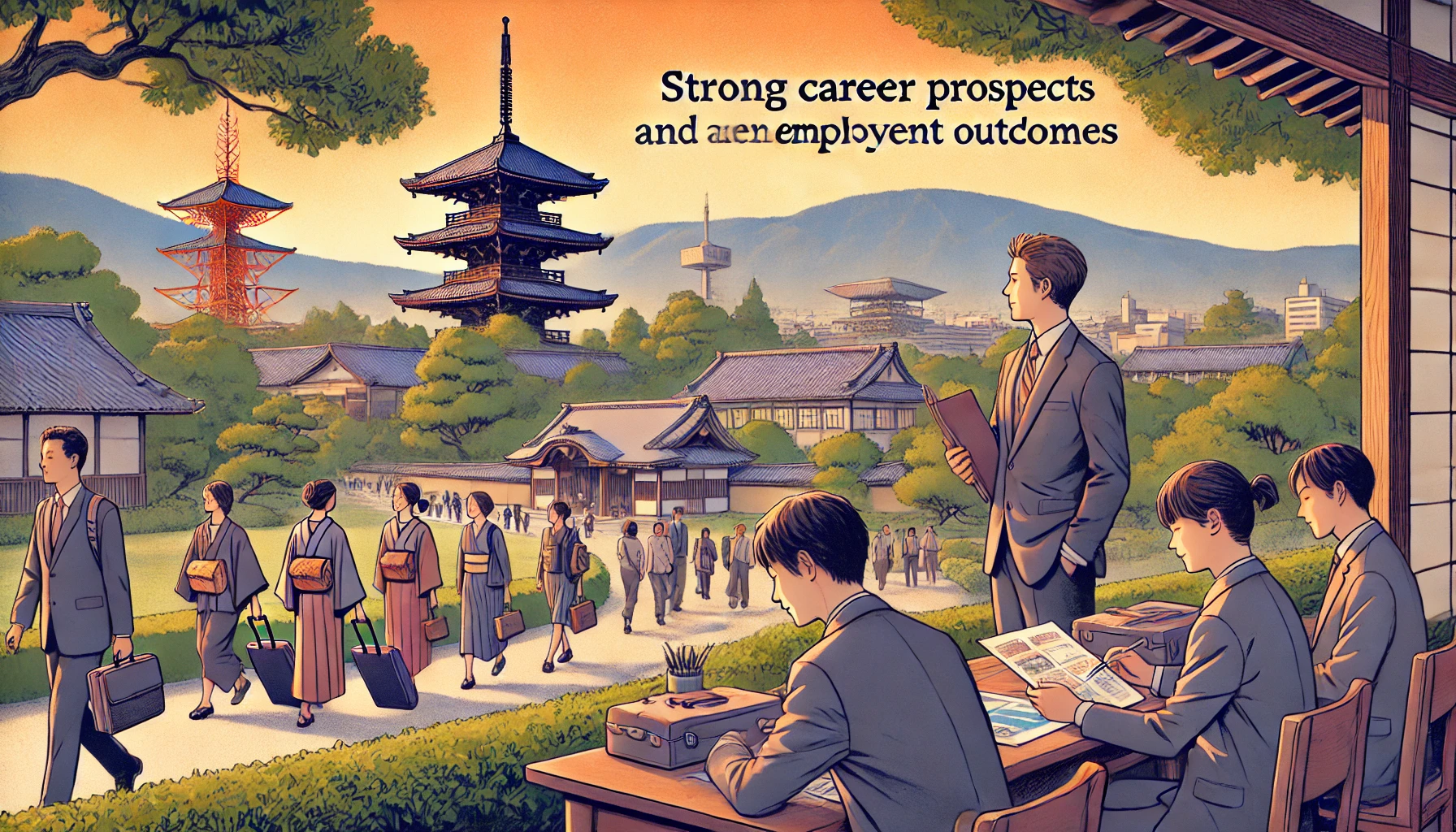 A private university in Kyoto, emphasizing strong career prospects and employment outcomes. The image depicts students preparing for their professional futures, supported by career services on a peaceful campus set in Kyoto’s cultural and natural backdrop.