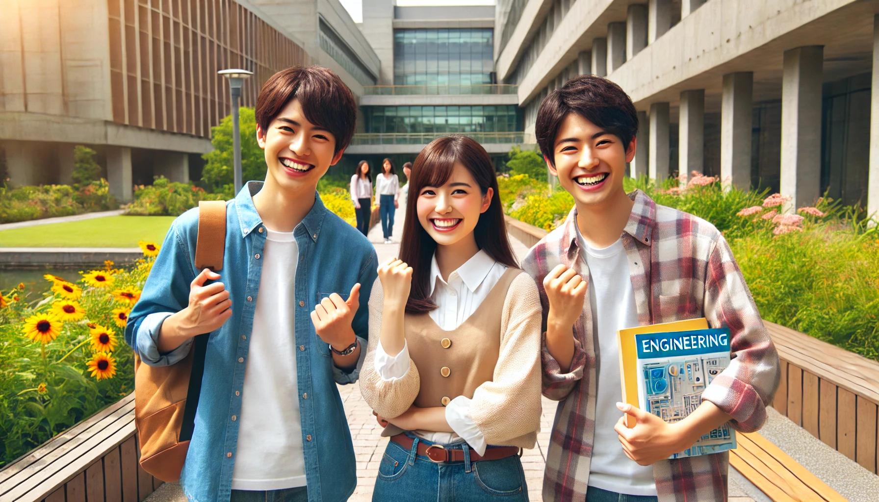 A Japanese university scene with bright, positive students in engineering, displaying joy and motivation. Japanese students, both male and female, are in casual and comfortable clothing, smiling and interacting on campus grounds. The background shows modern university buildings and a garden, symbolizing an engaging, supportive academic environment for motivated students in practical fields. Emphasis on friendly, uplifting vibes with students eager to learn and succeed.