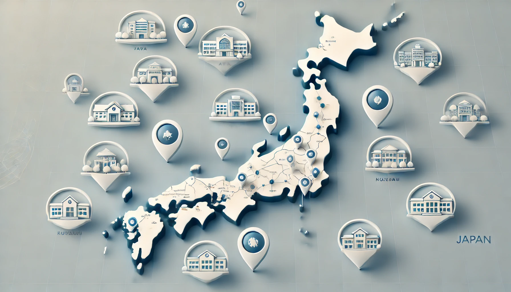 A modern map of Japan with markers indicating the nationwide locations of campuses of a high school specializing in distance learning and credit-based systems. The map is clean and visually engaging, with minimalistic icons representing school campuses, suitable for educational representation.