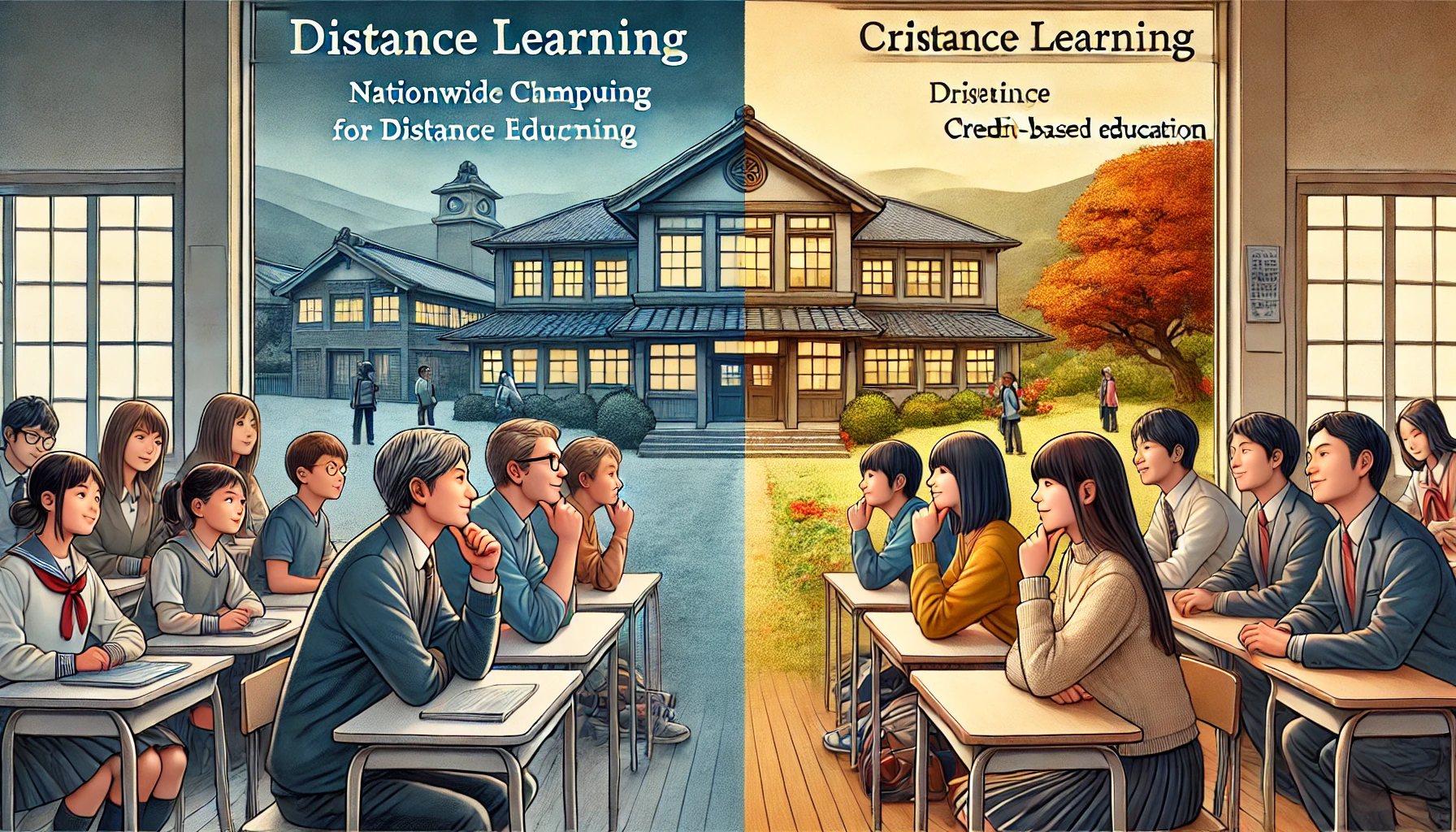 A split image showcasing two contrasting perspectives on a high school in Japan with nationwide campuses for distance learning and credit-based education. On the left side, a critical view with somber, muted colors; on the right, a positive view with bright, inviting colors. Japanese students and families thoughtfully considering the school options are in each section, conveying a balanced look at the school’s image.