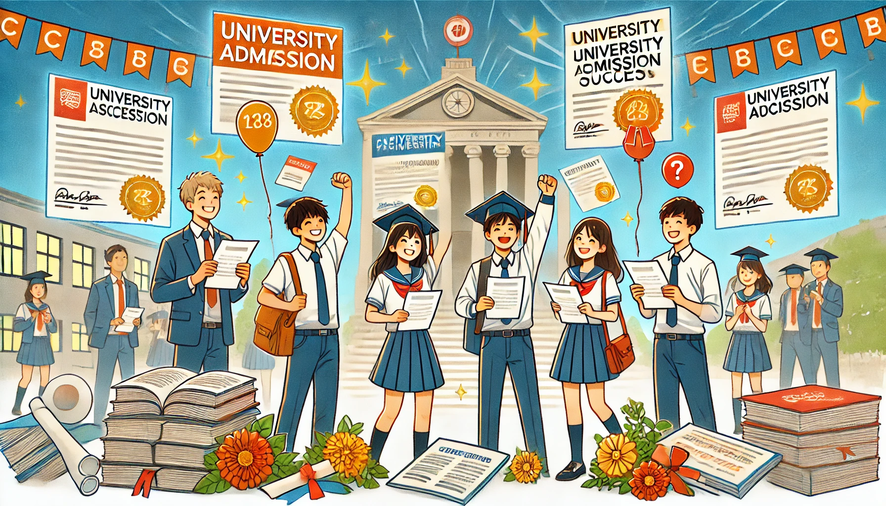 An image illustrating the academic achievements and university admission success of students from a Japanese high school with nationwide campuses for distance learning and credit-based education. The image includes Japanese students celebrating their acceptance letters, with bright and encouraging colors conveying a sense of success and future potential.