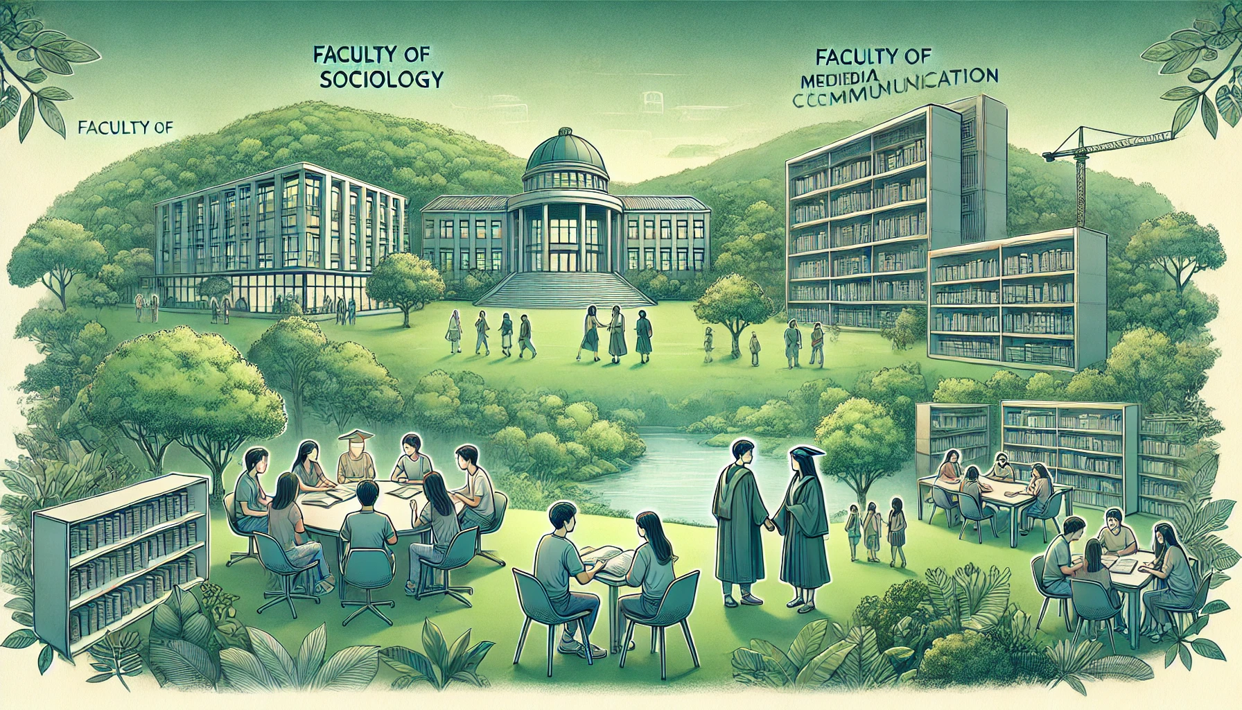 A serene and green university campus with natural surroundings, showcasing two main faculties: the Faculty of Sociology and the Faculty of Media Communication. The focus is on students discussing future aspirations, with scenes of study groups, library settings, and faculty interactions, reflecting the university's academic achievements and guidance for student success.