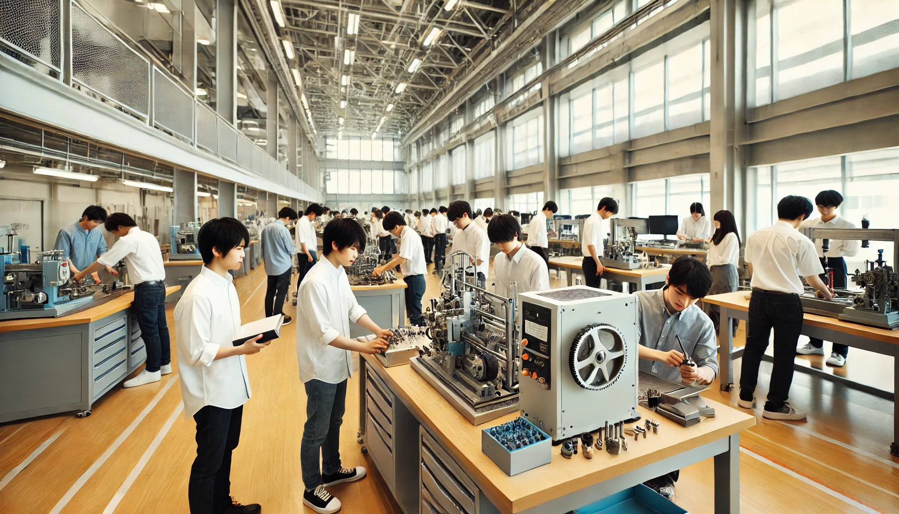 A modern Japanese university campus focused on engineering education. The scene captures students engaged in hands-on learning in a spacious, well-equipped workshop. Young Japanese students, both male and female, are working with machines and tools, demonstrating practical skills in a bright and welcoming environment. Emphasis on a clean, organized industrial setting, with visible tools and materials related to manufacturing and engineering. The background shows a modern academic building with large windows, fostering an atmosphere of professional, practical education.