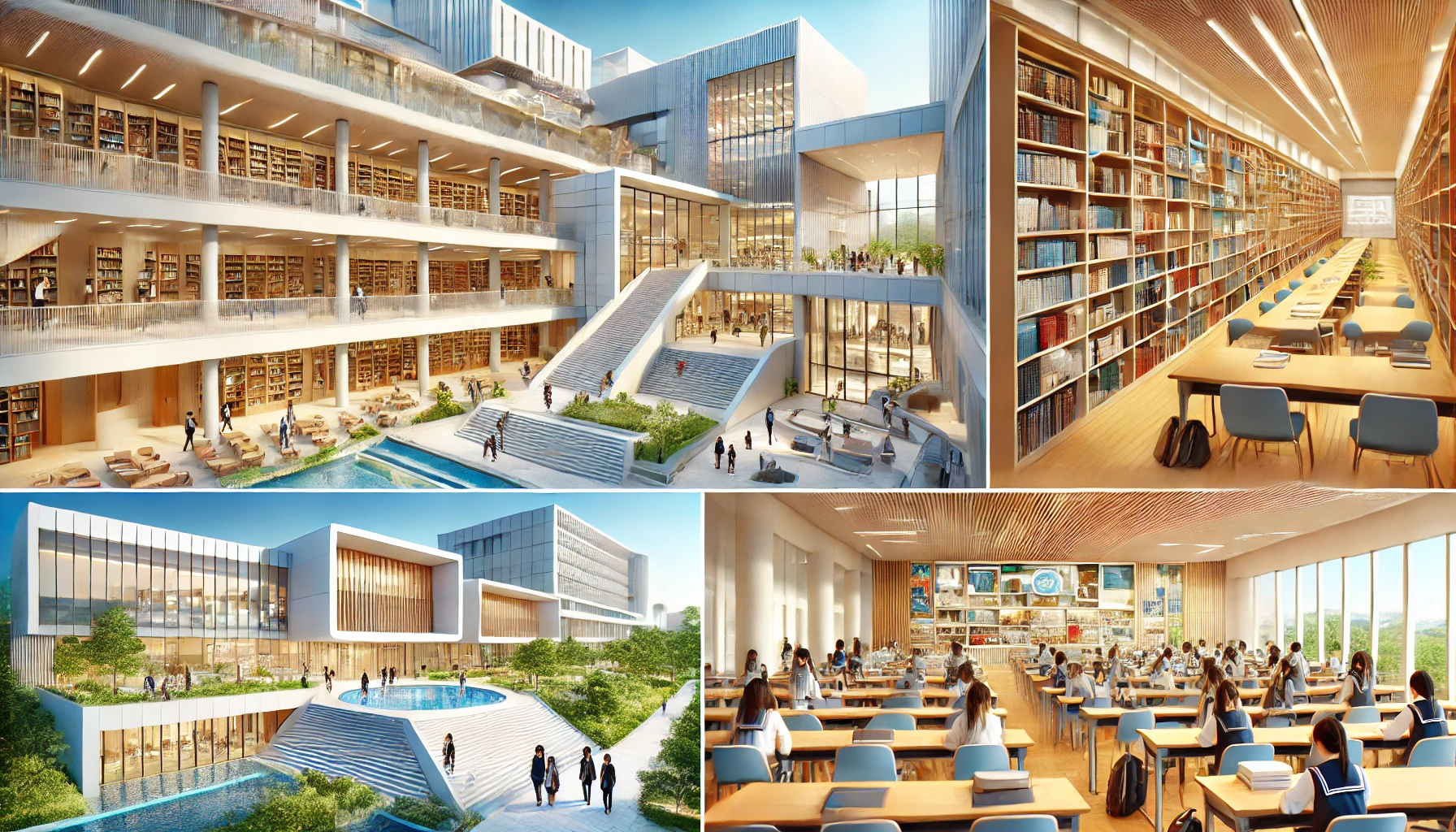 A Japanese university campus showcasing its state-of-the-art facilities and modern architecture. The image features a bright and spacious library, clean lecture halls, and technologically advanced labs. Students are seen engaging in academic and creative activities. The environment is vibrant, with clear skies and lush greenery.