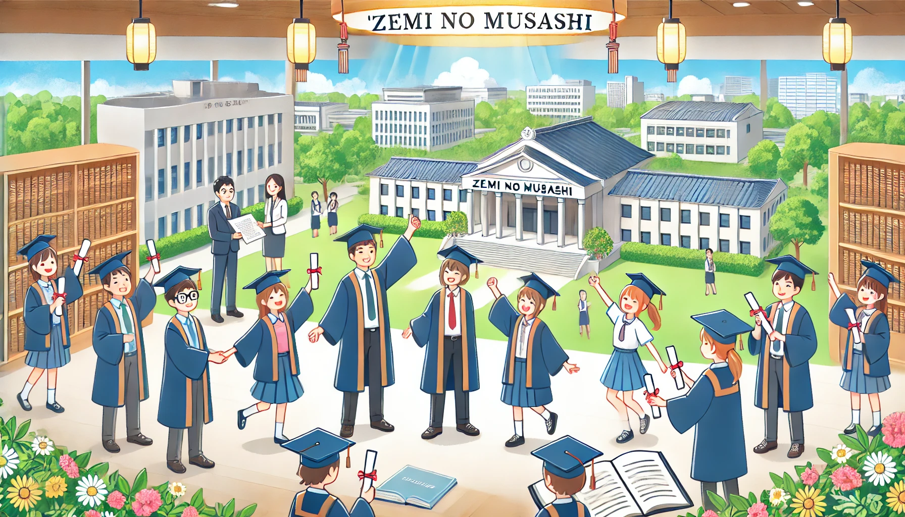 A Japanese university known as 'Zemi no Musashi,' showcasing its academic success with students holding diplomas and celebrating their achievements. The setting includes a modern campus with professors and students in a bright and hopeful atmosphere.