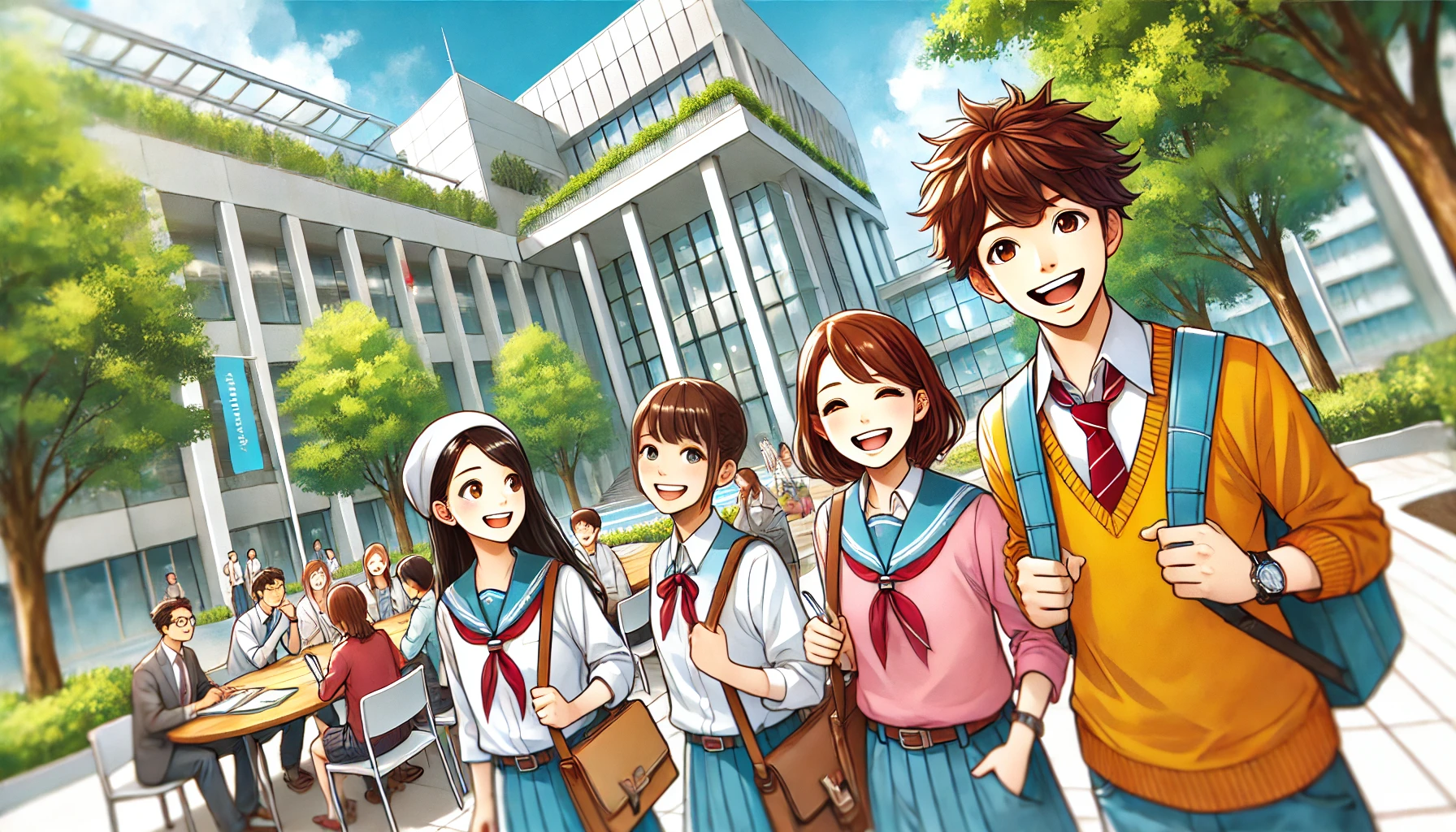 A Japanese university known as 'Zemi no Musashi,' highlighting its vibrant and bright students. The scene shows cheerful, high-achieving students engaging in collaborative learning on a beautiful campus with modern facilities. The atmosphere is dynamic and positive.