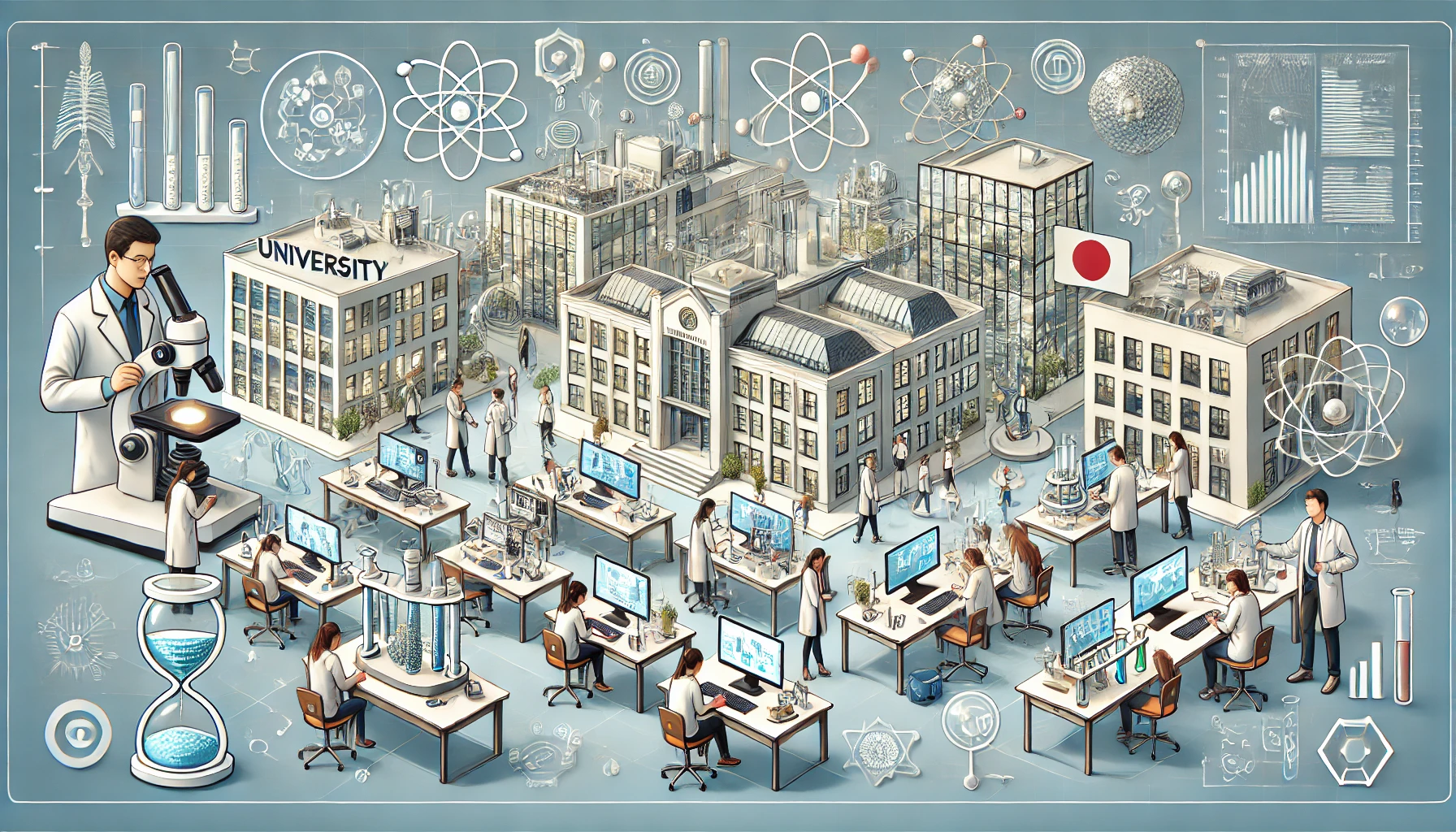 An academic setting illustrating a university focused on specialized education and skill development in STEM fields, featuring modern laboratories, advanced equipment, and students actively engaging in experiments. Include elements of a Japanese university environment, emphasizing collaboration and innovation. Horizontal orientation (16:9).