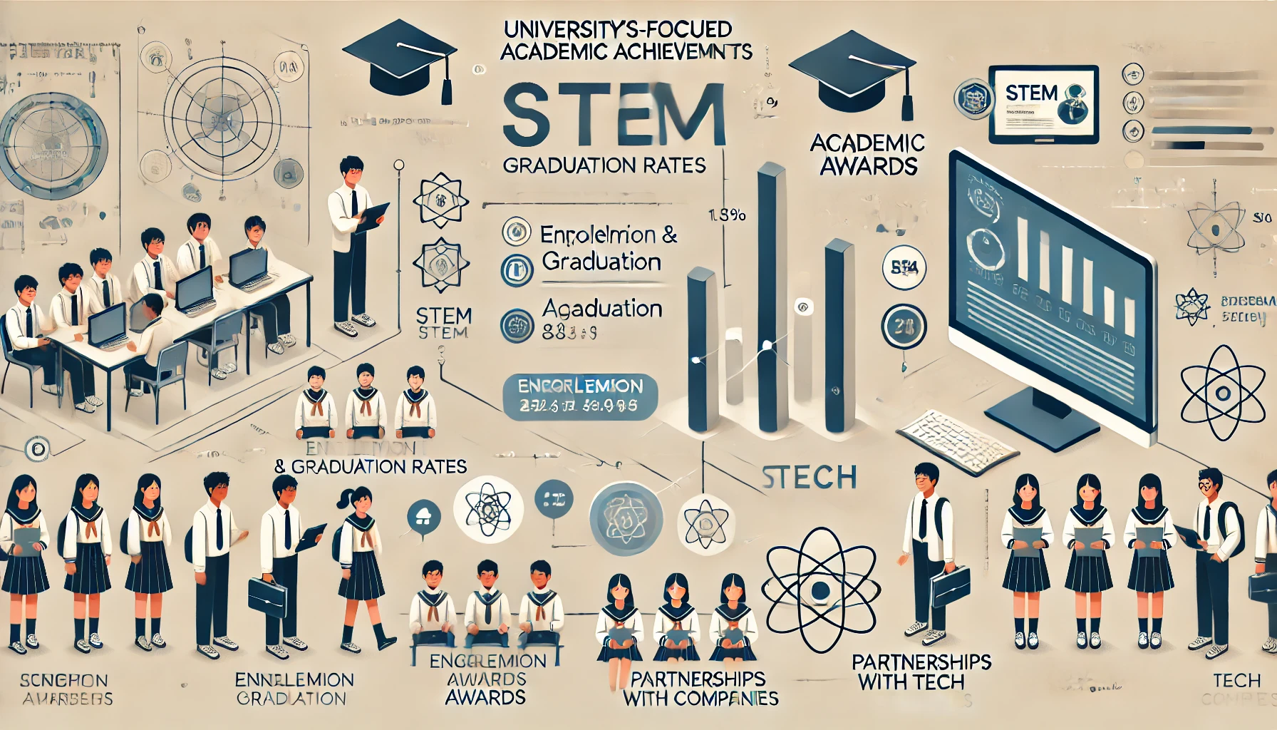 An infographic-style image highlighting university's STEM-focused academic achievements, showing bar charts of enrollment and graduation rates, academic awards, and partnerships with tech companies. Include a clean, modern design with Japanese students depicted. Horizontal orientation (16:9).