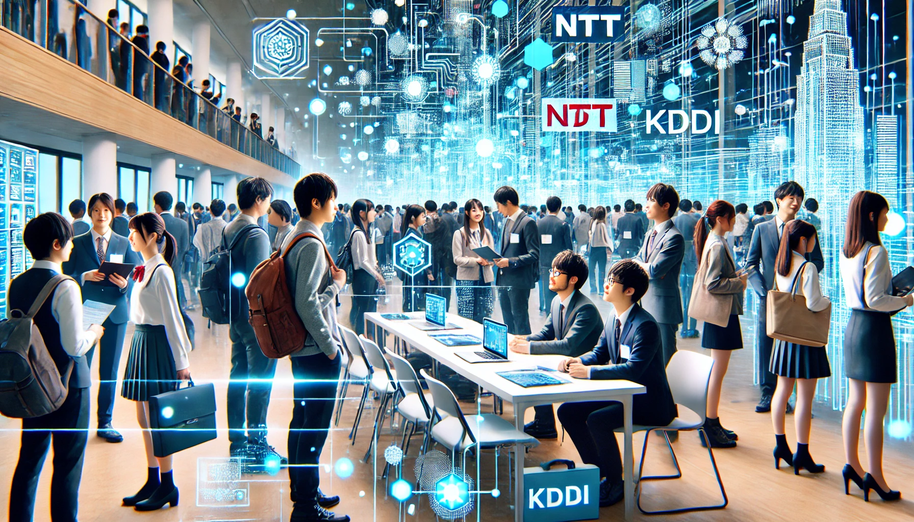 A vibrant and professional scene of a Japanese university showcasing its strong employment connections in the information and communication technology sector. Students are interacting with representatives from major companies like NTT, KDDI, and others during a career fair or seminar. Modern and professional atmosphere. 16:9 aspect ratio.