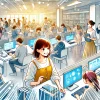 A bright and energetic depiction of Japanese university students specializing in information and communication technology. Students are collaborating on projects, enjoying casual discussions, and working in modern, well-equipped study spaces, showcasing a dynamic and positive student community. 16:9 aspect ratio.