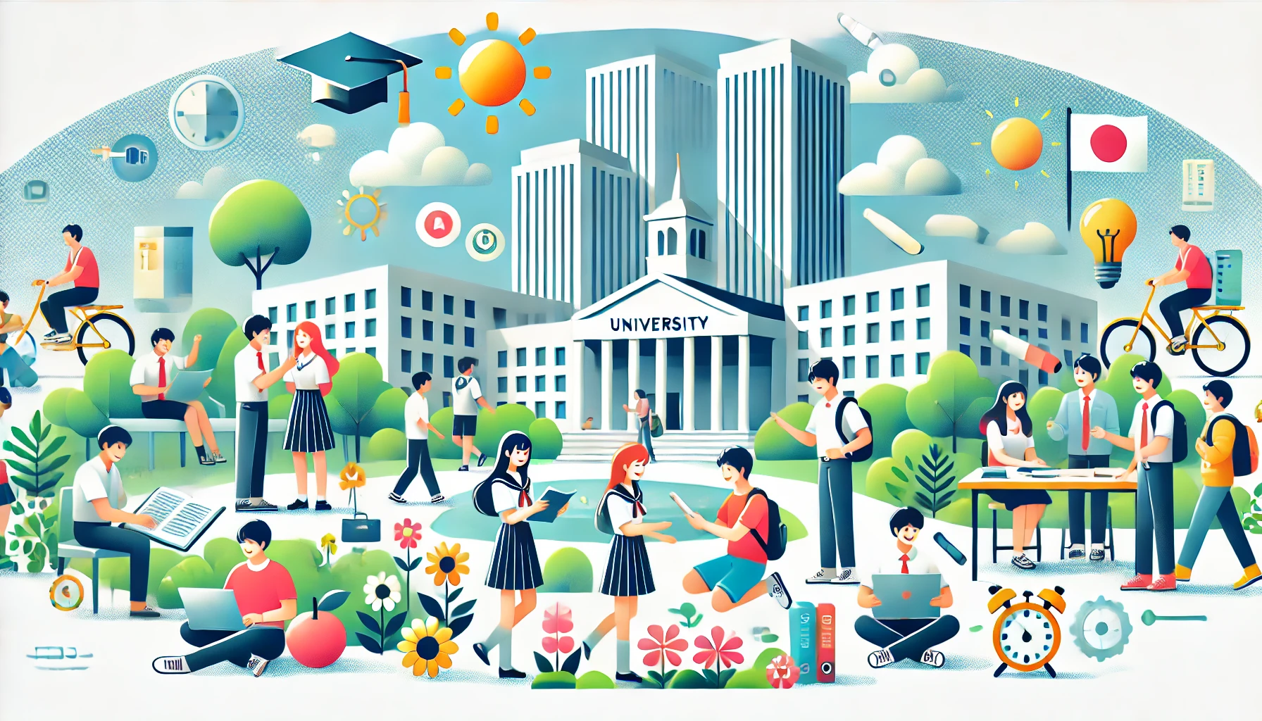 A bright and cheerful illustration of a university showcasing talented and optimistic students engaging in activities. Features Japanese students studying, collaborating, and enjoying campus life in a vibrant and inclusive environment. Modern campus setting with greenery and professional yet friendly atmosphere. Horizontal orientation (16:9).