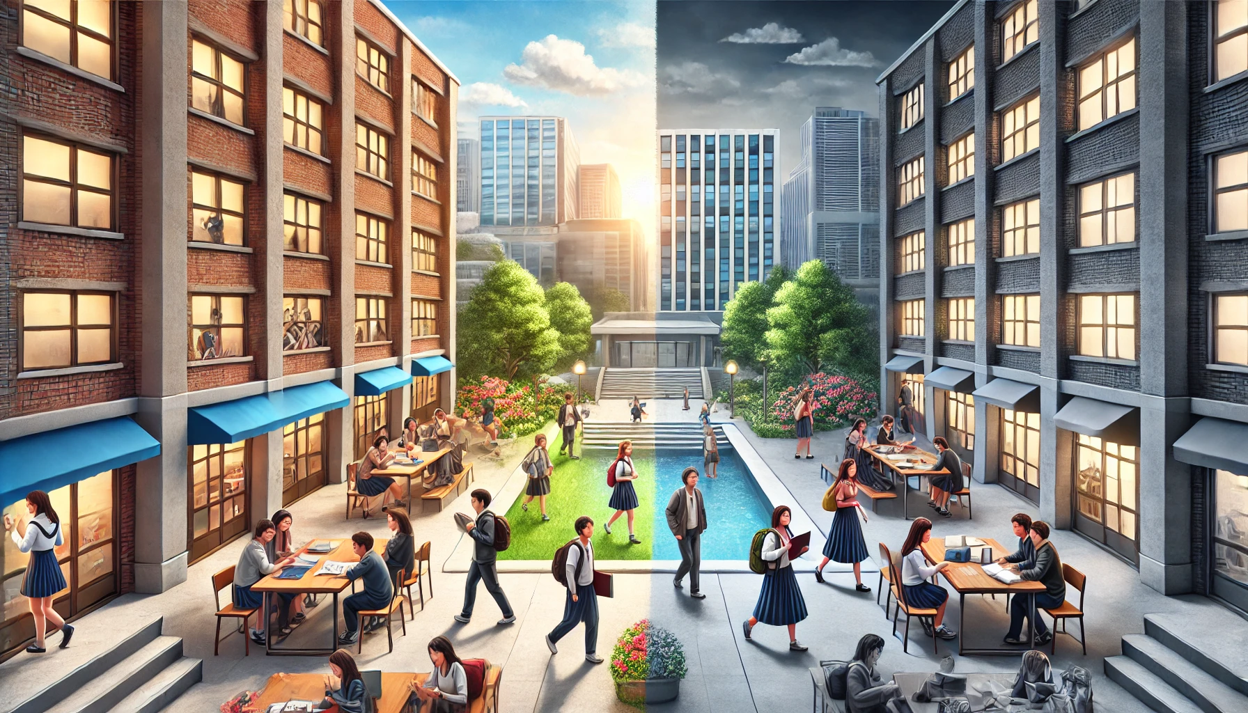 A conceptual image representing the polarized opinions about a Japanese university known for its diverse academic departments and rich curriculum. One side shows a bright and optimistic campus life with students enjoying and studying, while the other side has a more skeptical and neutral perspective, symbolized by a contrasting muted environment. The scene is modern and realistic, featuring Japanese university students.