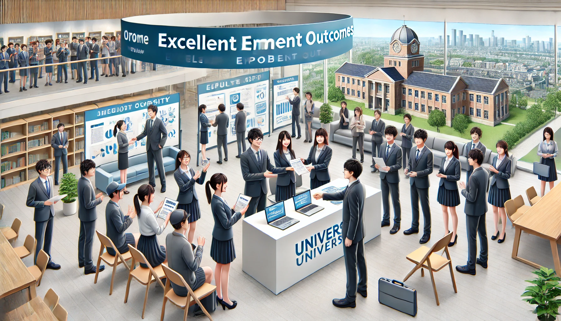 A realistic illustration of a university highlighting excellent employment outcomes. Features Japanese students receiving job offers and celebrating in a career fair setting. The campus environment is modern, professional, and welcoming, showcasing collaboration with local businesses. Horizontal orientation (16:9).