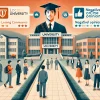 An engaging illustration of a university with strong ties to local communities and businesses, showing a dual-sided perspective. On one side, a successful student in a career-oriented setting; on the other side, contrasting negative online opinions. The image features realistic Japanese individuals, a modern university campus, and a horizontal (16:9) layout.