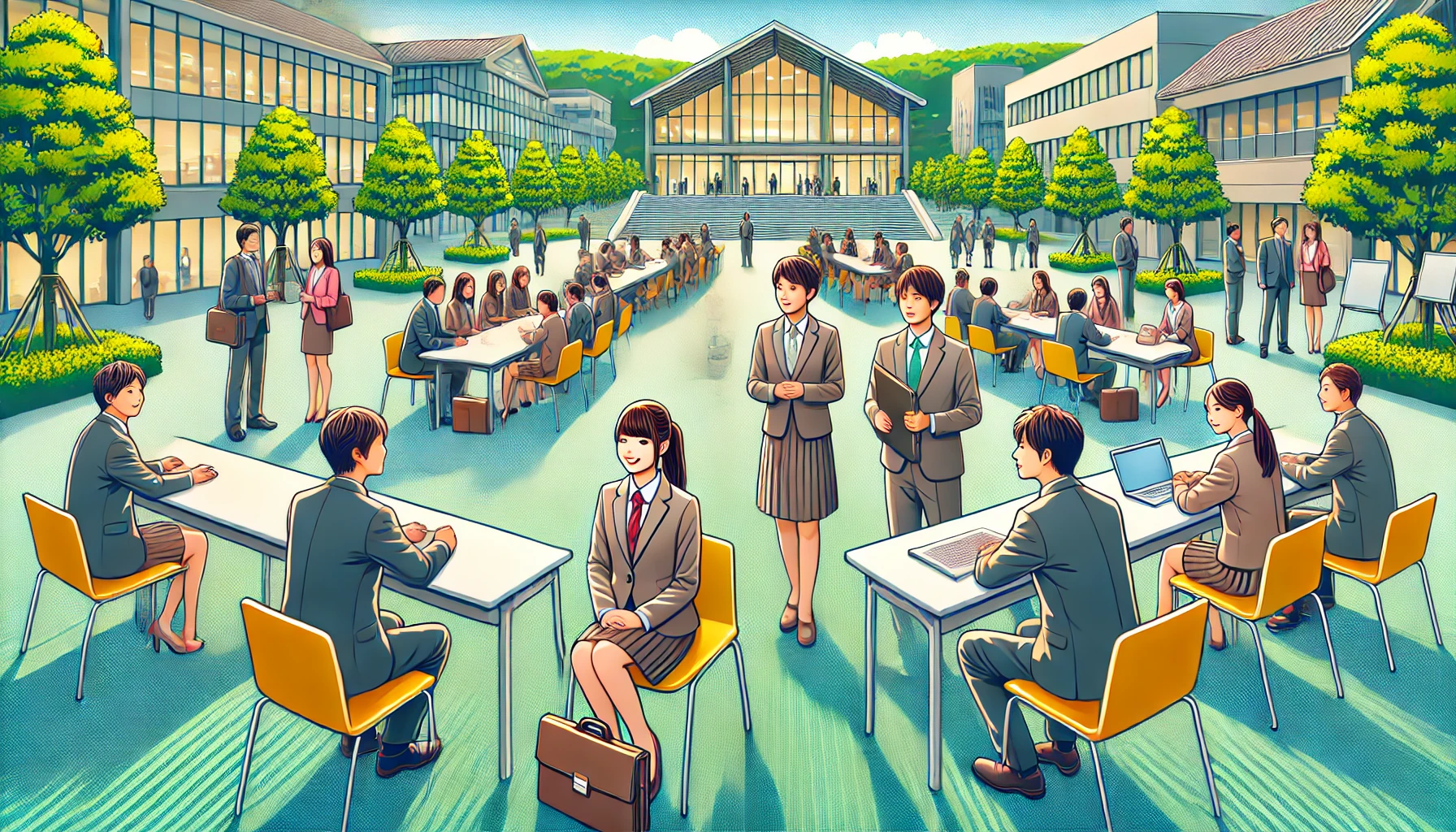 A vibrant illustration of a university campus emphasizing strong connections with local communities and businesses, featuring students interacting in career workshops and company representatives speaking at events. The image should be realistic, showcasing Japanese students in professional attire in a modern, green campus setting. Horizontal orientation (16:9).