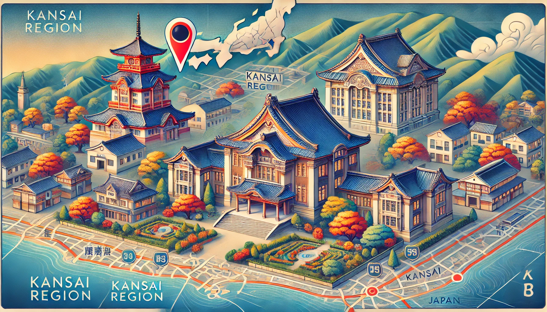 A professional illustration representing Kansai region's mid-level private universities, featuring a vibrant campus setting with iconic architecture and a map pinpointing the Kansai area in Japan, horizontal orientation (16:9).