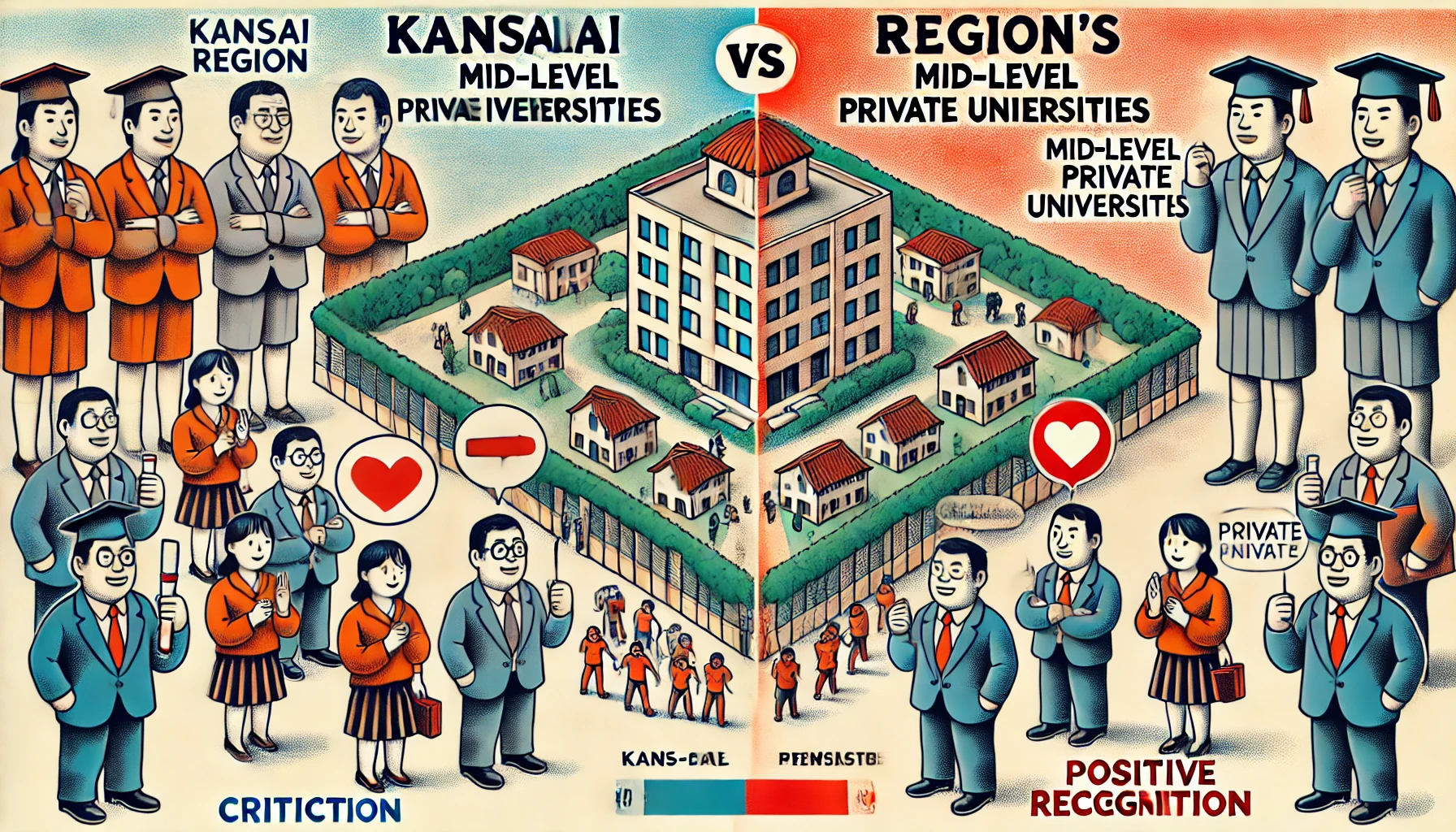 An illustration showcasing the contrasting opinions about Kansai region's mid-level private universities, featuring a split concept with one side showing criticism and the other side showing positive recognition, horizontal orientation (16:9).