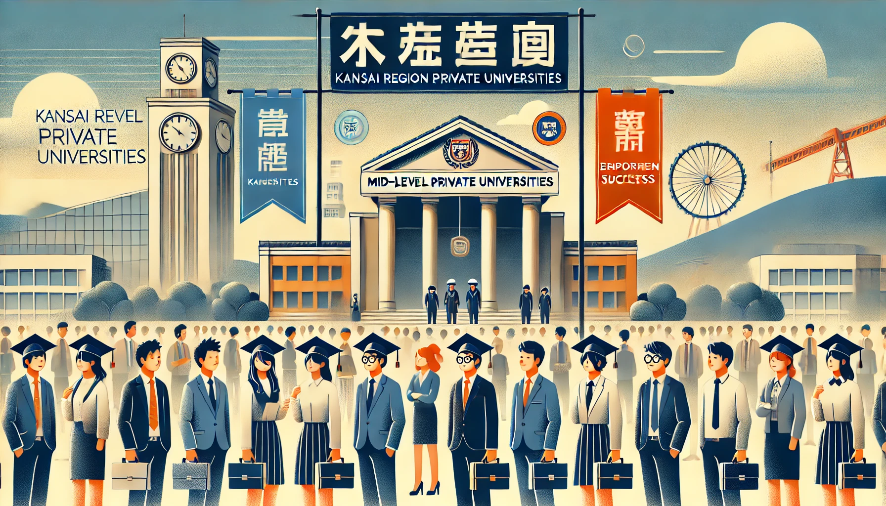 An illustration of Kansai region's mid-level private universities highlighting their strong employment success, featuring students in professional attire, corporate logos, and a graduation ceremony, horizontal orientation (16:9).