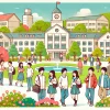 An illustration featuring Kansai region's mid-level private universities with vibrant and talented Japanese students in a bright campus setting, smiling and engaging in group activities, horizontal orientation (16:9).