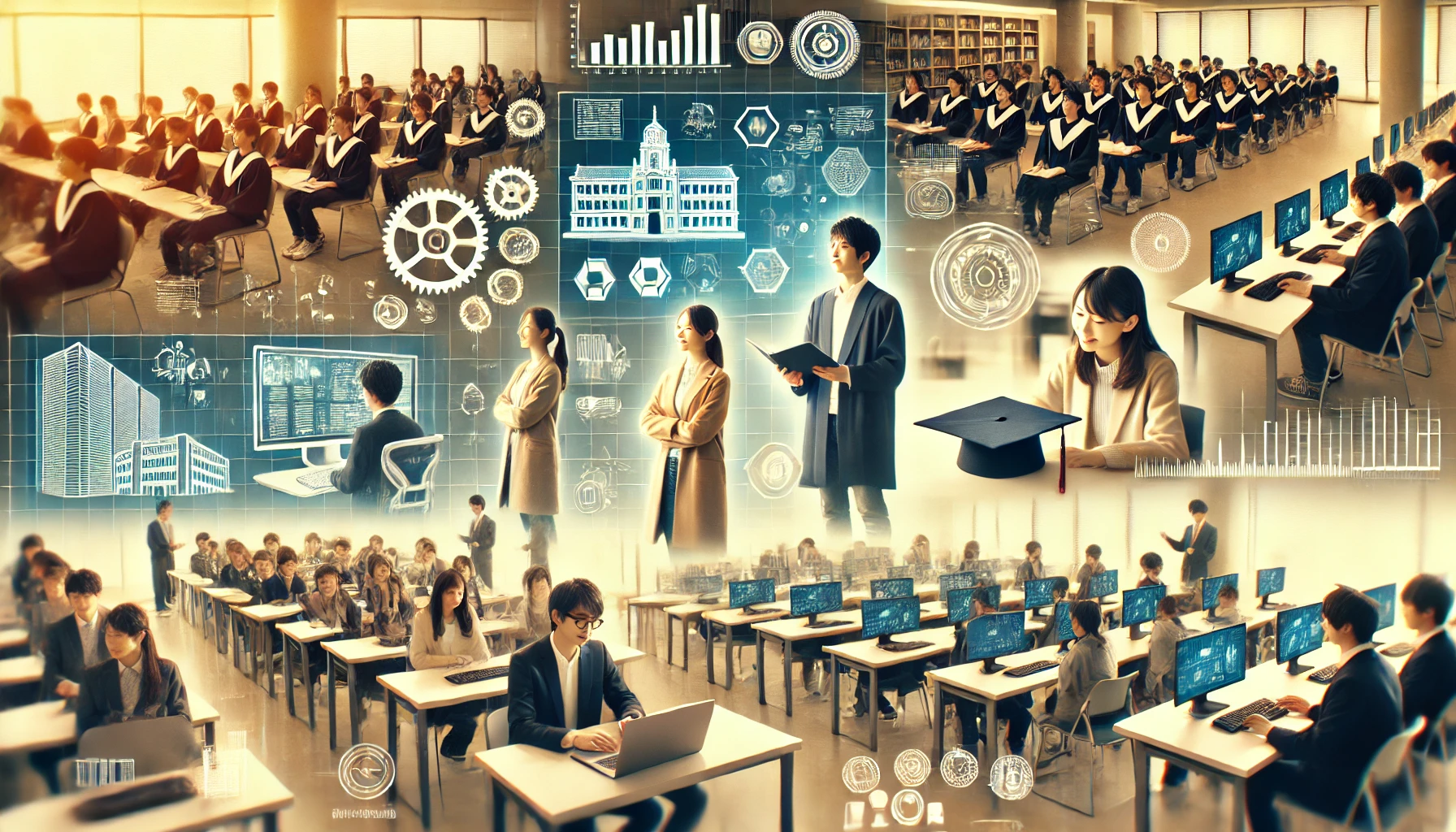 A modern Japanese university setting highlighting student academic achievements and career advancements, with visuals of students attending lectures, engaging in practical research, and graduation ceremonies. Emphasis on progress and success. (16:9 aspect ratio)