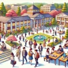 A lively scene of a Japanese university showcasing bright and talented students engaging in collaborative activities, studying, and participating in cultural events. The campus atmosphere is cheerful and welcoming, representing a vibrant student life. (16:9 aspect ratio)