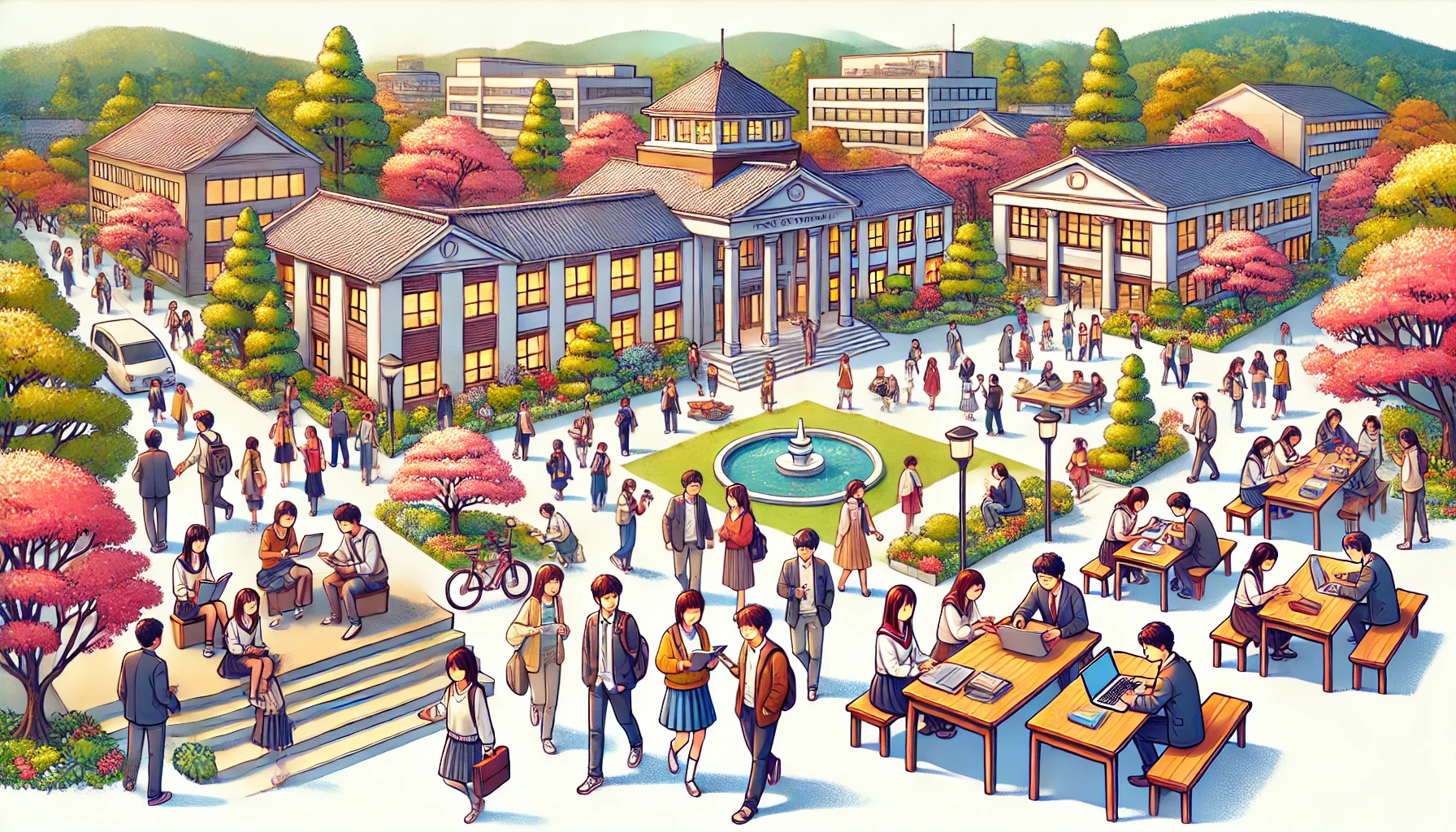 A lively scene of a Japanese university showcasing bright and talented students engaging in collaborative activities, studying, and participating in cultural events. The campus atmosphere is cheerful and welcoming, representing a vibrant student life. (16:9 aspect ratio)