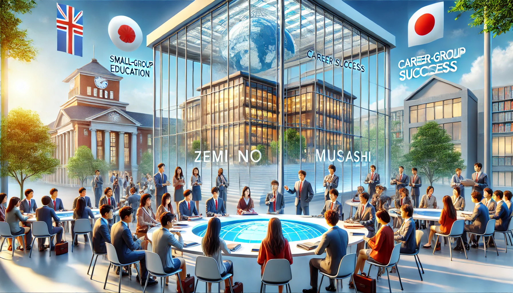 A professional and vibrant depiction of a Japanese university known as 'Zemi no Musashi,' emphasizing small-group education, career success, and a globally recognized learning environment. The setting is a modern campus with diverse international students engaging in discussions. The atmosphere is welcoming and intellectual.