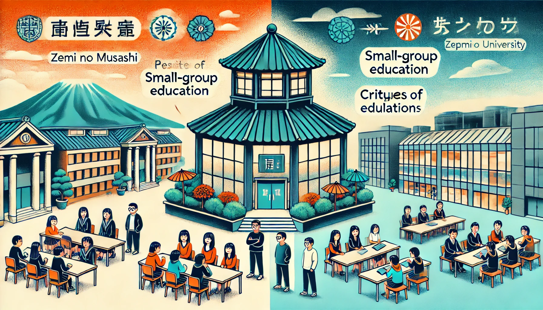 A Japanese university known as 'Zemi no Musashi,' depicting the polarized evaluations it receives. One side shows students praising the benefits of small-group education, while the other side reflects critiques of its perceived reputation. The background includes a modern campus and discussion settings.