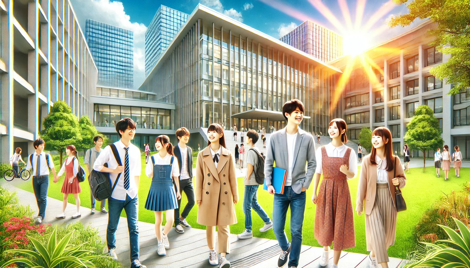 A vibrant scene of cheerful and diligent Japanese university students on campus, reflecting a bright and positive academic environment. The image features students of various academic backgrounds collaborating in groups, walking together, and enjoying their time outdoors. The setting includes modern campus buildings, green spaces, and a sunny atmosphere.