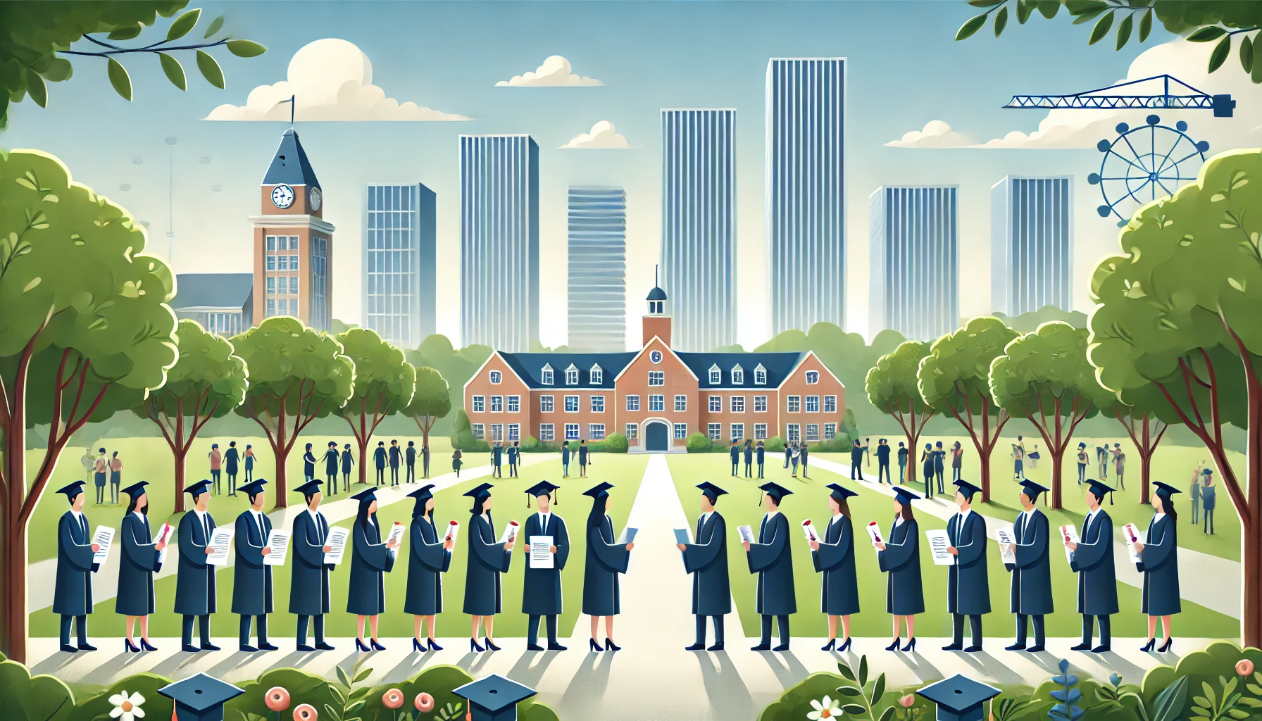 A serene and picturesque university campus in a high-class residential area, focusing on successful career outcomes. Students are seen in graduation gowns holding resumes and celebrating job offers, with a backdrop of modern office buildings symbolizing job placements. Horizontal layout (16:9).