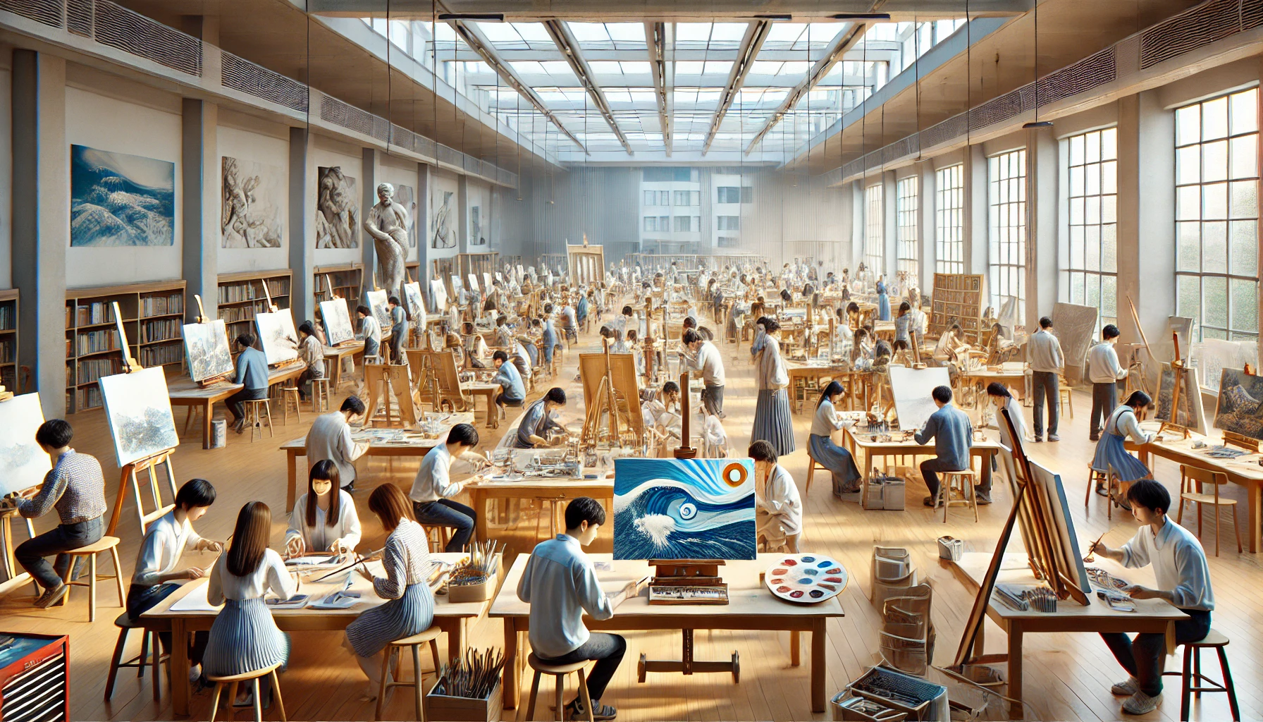 A wide and diverse environment for studying arts at a prestigious arts university in Kyoto, Japan. The image should include a spacious classroom with students of various backgrounds engaged in artistic activities such as painting, sculpture, and digital art. The students should be Japanese, working collaboratively, showcasing a creative and inspiring learning environment.