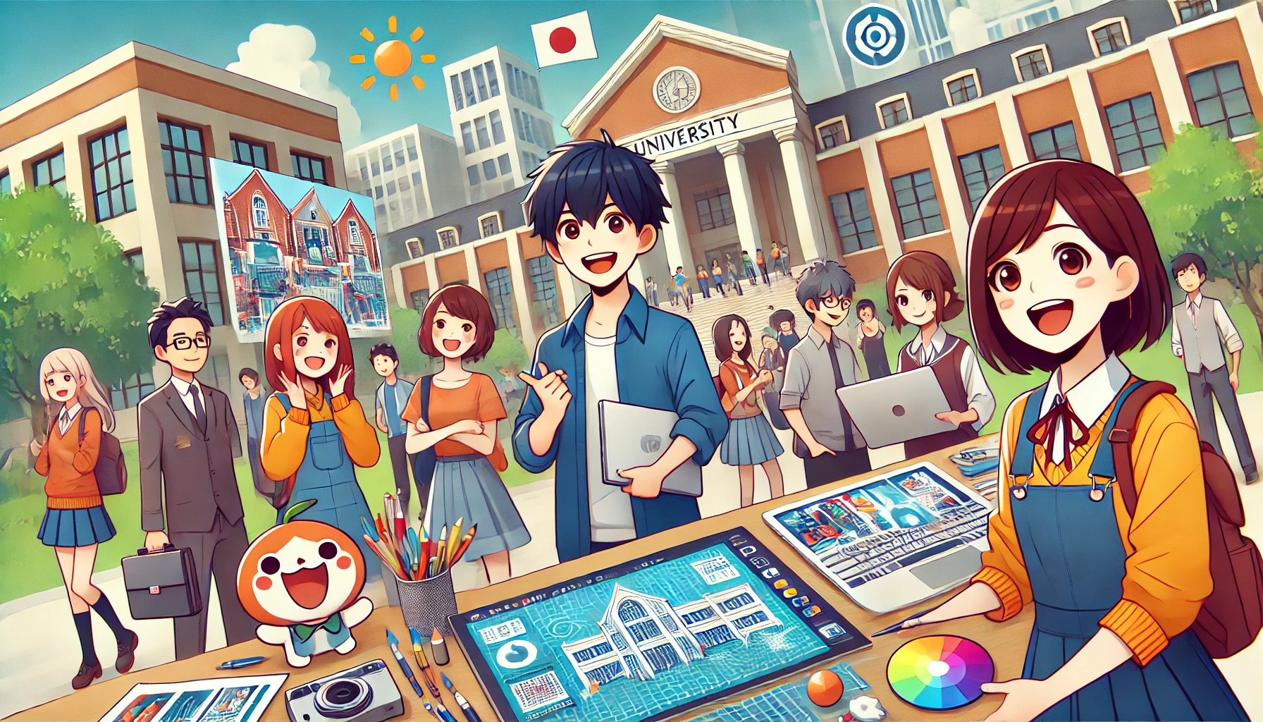 A university campus showcasing bright and talented Japanese students in animation, design, architecture, and information technology, with students engaging in creative activities and smiling, horizontal (16:9).