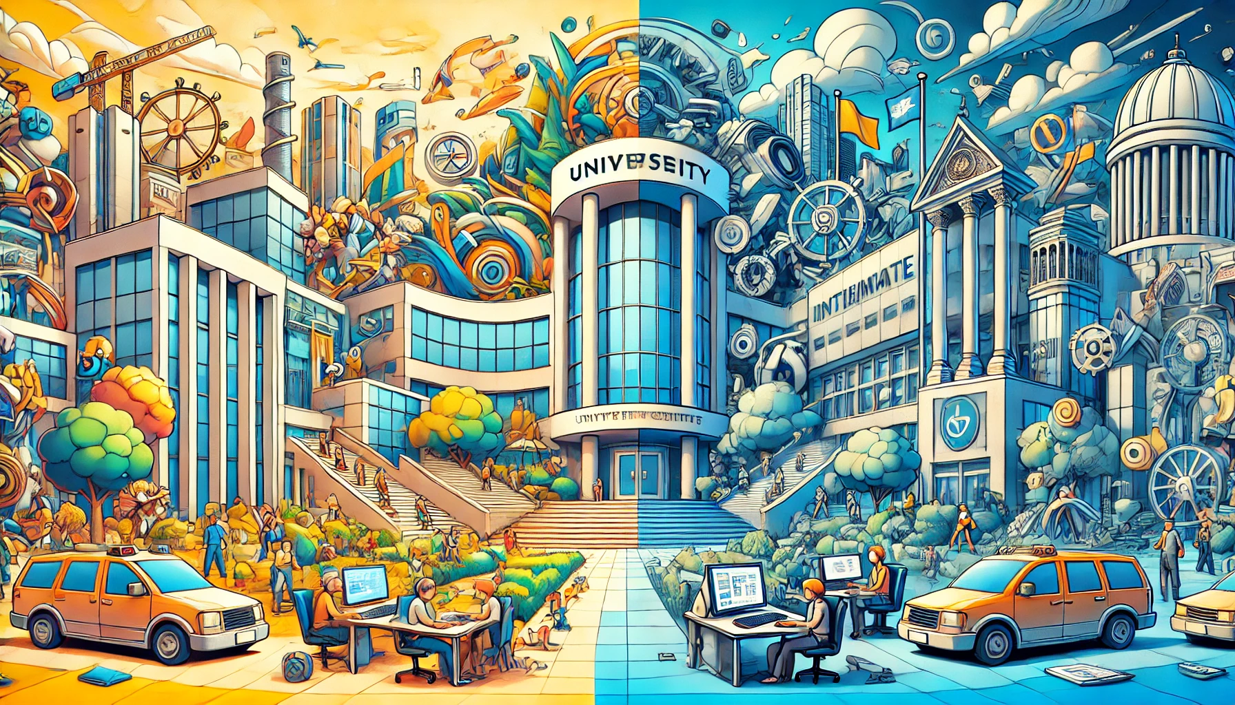 A university campus with mixed reviews, showcasing a mix of animation, design, architecture, and information technology, with one part vibrant and another showing challenges, horizontal (16:9).