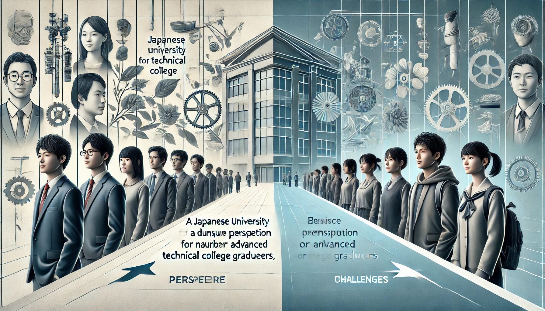 A visual representation of the dual perception of a Japanese university with a unique transfer system for technical college graduates, showcasing contrasting opinions. The image highlights two perspectives: one praising the university for nurturing advanced engineers and researchers, and another showing skepticism or challenges. Balanced visuals with bright and slightly shadowed areas, featuring Japanese students. Horizontal layout, 16:9 aspect ratio.