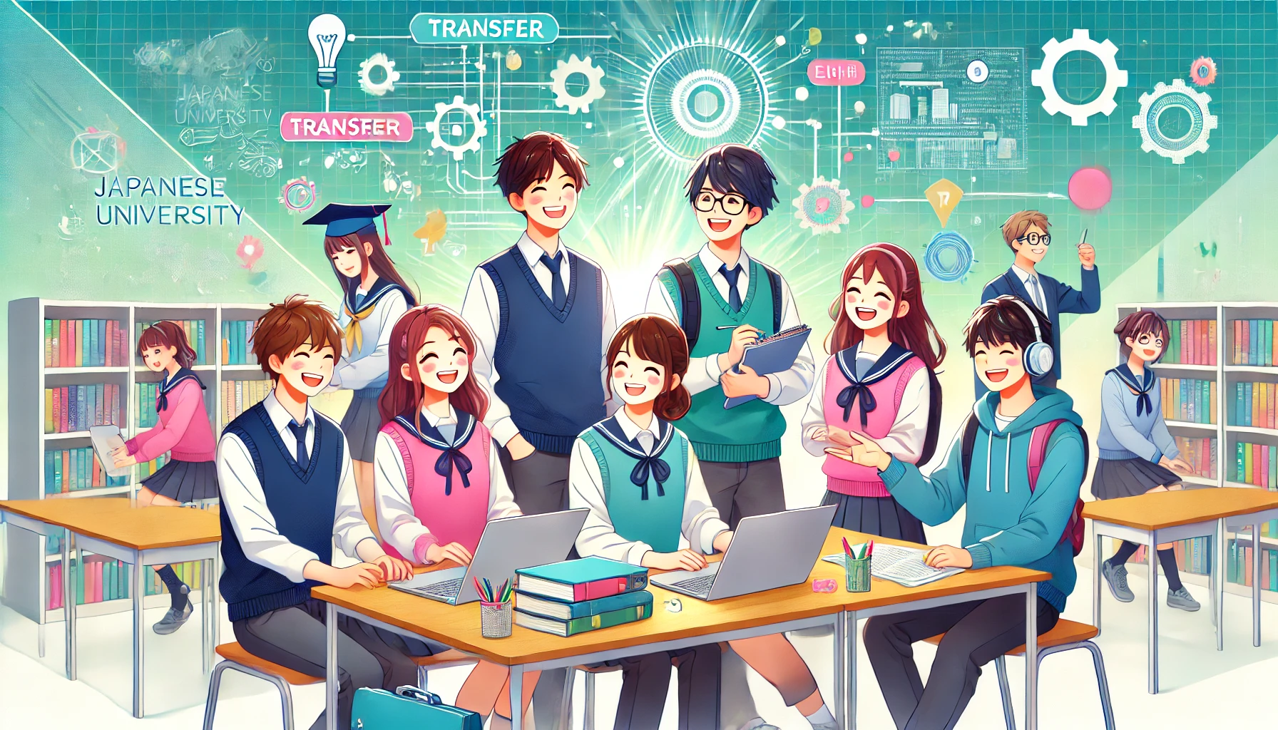 A vibrant depiction of the student life at a Japanese university renowned for a transfer system designed for technical college graduates. The image features cheerful and diligent students working collaboratively in a bright classroom or campus setting, symbolizing their brilliance and optimism. A modern Japanese university backdrop with a friendly atmosphere. Horizontal layout, 16:9 aspect ratio.