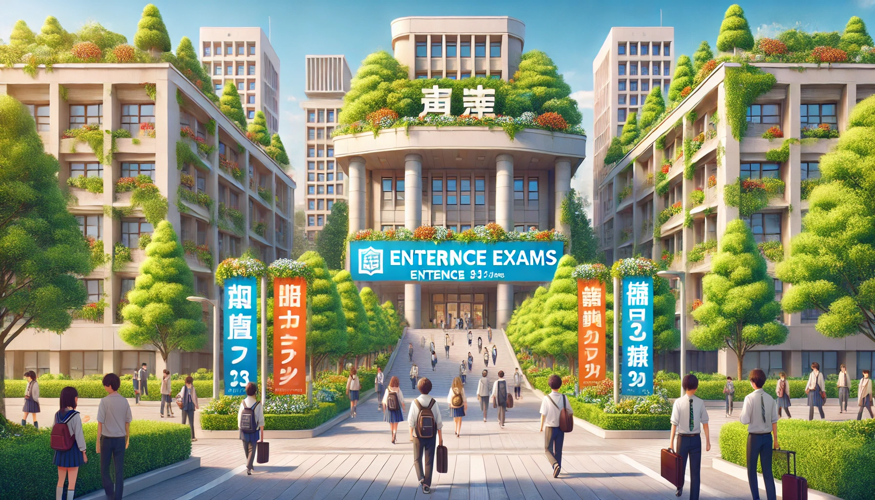 A vibrant and modern university campus in Japan featuring multiple buildings surrounded by greenery and students walking towards the entrance, with banners promoting entrance exams. The scene reflects an atmosphere of preparation and determination for admission. Horizontal composition, 16:9 aspect ratio.