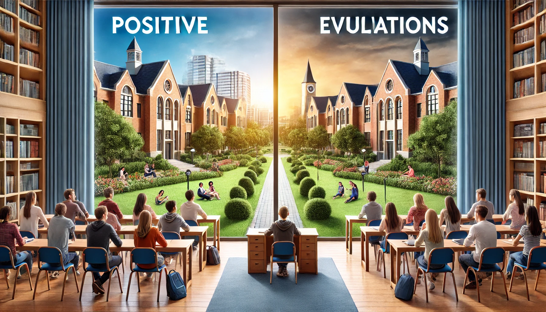 A serene and picturesque university campus in a high-class residential area, showing a split-screen concept. One side represents positive evaluations with students happily interacting in a lecture, and the other side portrays critical evaluations with a questioning mood and neutral students. The image emphasizes the dual perceptions of the university. Horizontal layout (16:9).