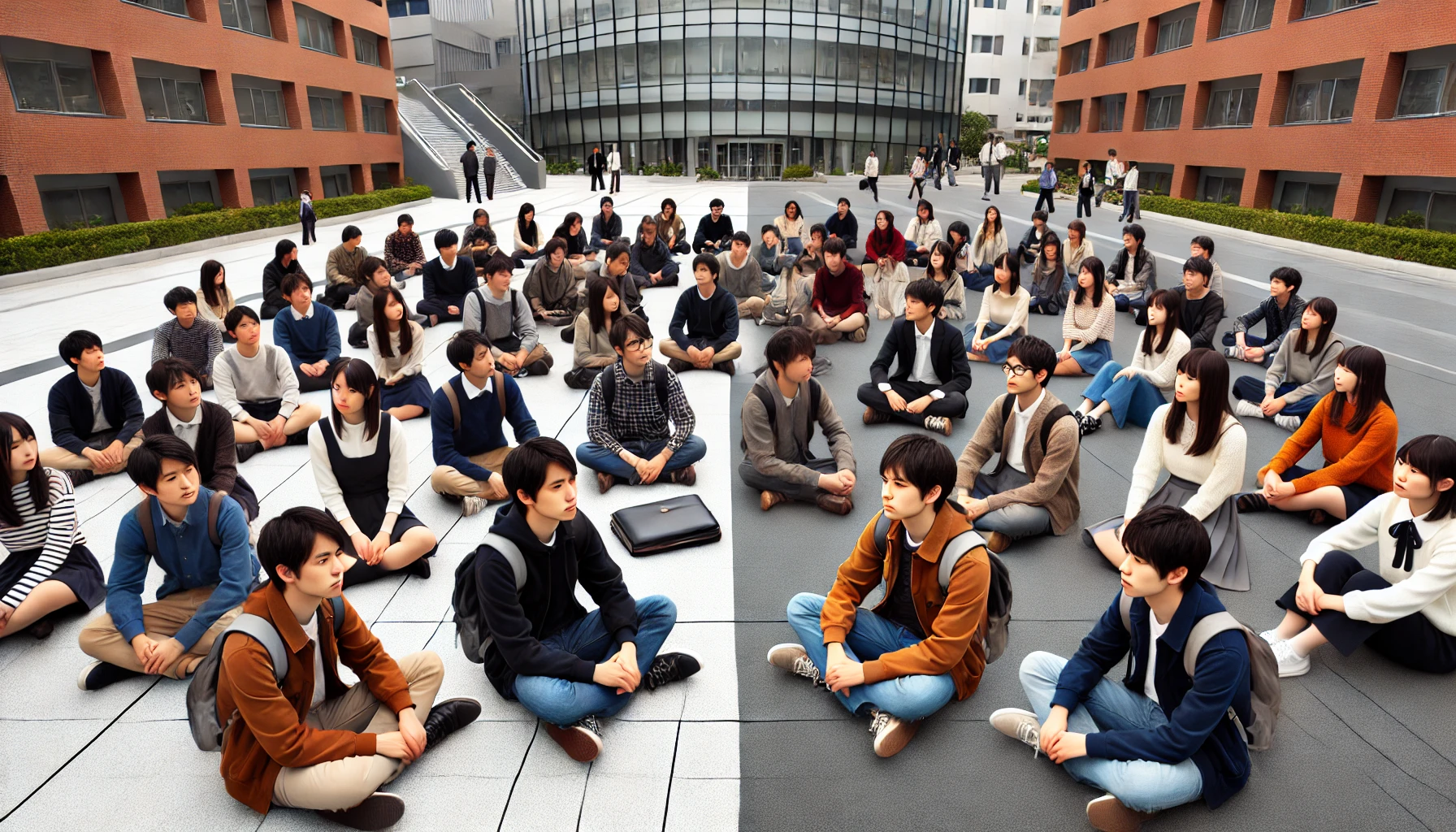 A Japanese university campus with students sitting in groups and engaging in discussions, showcasing a sense of polarized opinions and debates among individuals. The scene captures both serious and relaxed expressions, with buildings in the background. Horizontal composition, 16:9 aspect ratio.