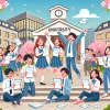 A Japanese university campus with students celebrating their acceptance letters. A joyful scene with students holding papers, hugging, and smiling under cherry blossom trees. The backdrop includes modern academic buildings. Horizontal composition, 16:9 aspect ratio.