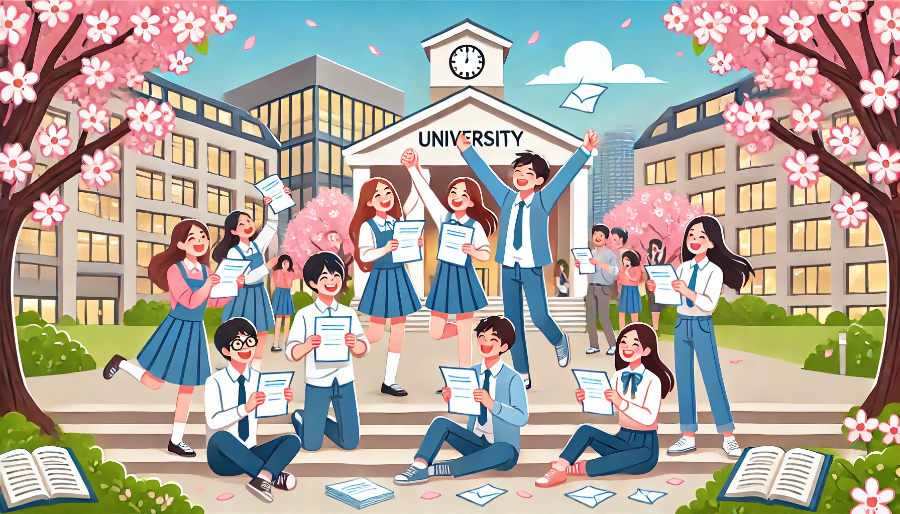 A Japanese university campus with students celebrating their acceptance letters. A joyful scene with students holding papers, hugging, and smiling under cherry blossom trees. The backdrop includes modern academic buildings. Horizontal composition, 16:9 aspect ratio.