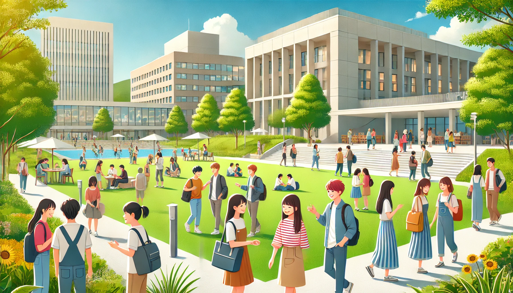 A vibrant university campus in Japan with students enjoying a sunny day. They are engaged in conversations, smiling, and participating in activities. The scene includes green spaces, a modern library building, and a positive, welcoming atmosphere. Horizontal composition, 16:9 aspect ratio.