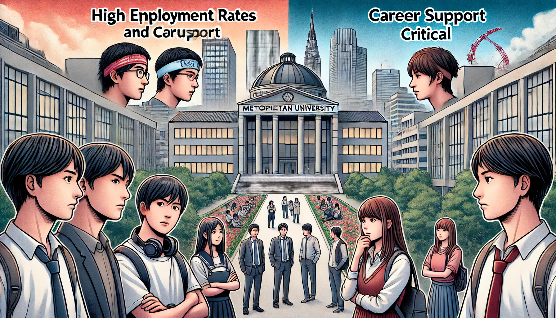 A depiction of divided opinions about a Japanese metropolitan university, showcasing its strengths like high employment rates and career support, contrasted with critical views. The scene includes Japanese students discussing on campus, with a blend of positive and skeptical expressions. The campus is modern, with city buildings in the background, capturing the idea of mixed perceptions about the institution. Horizontal layout, 16:9 aspect ratio.